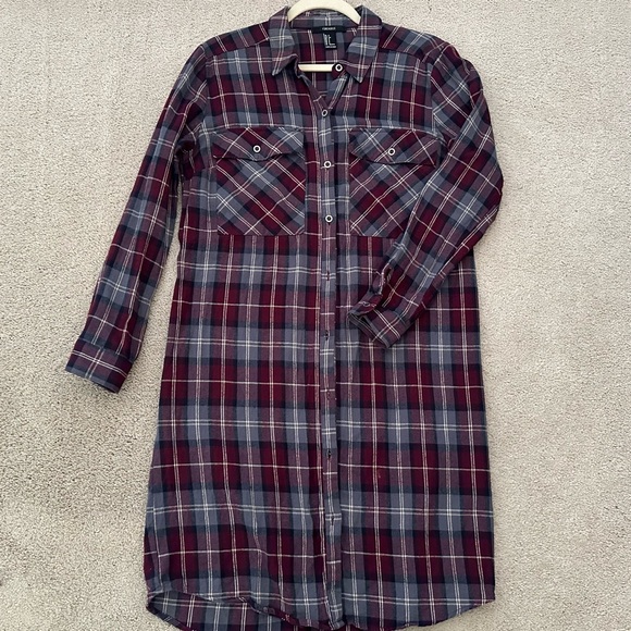 Plaid Long Duster Shirt or Midi Dress-BurgundyGray,Cream Long Sleeve Button Down - Picture 1 of 16